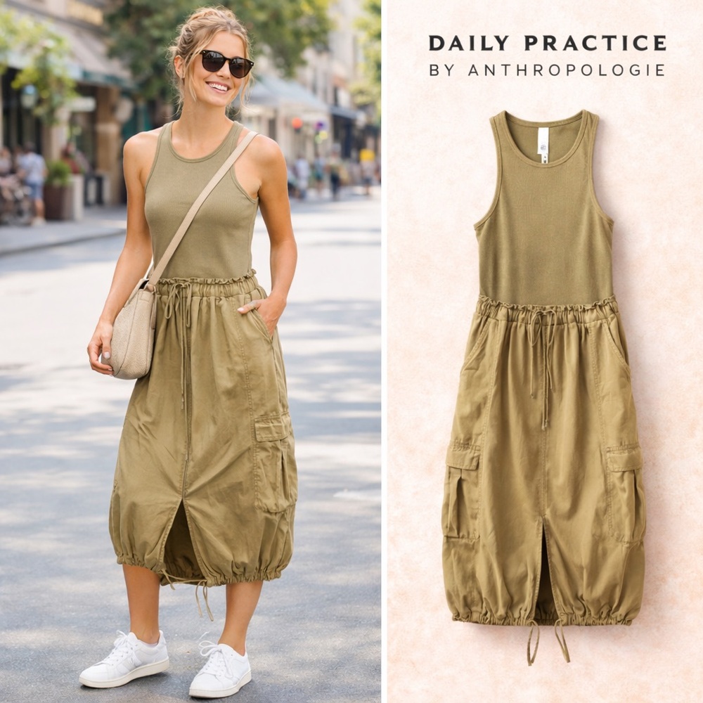 Anthropologie Daily Practice Dress Tank Twofer Midi Moss Boho Vacay,Size Medium